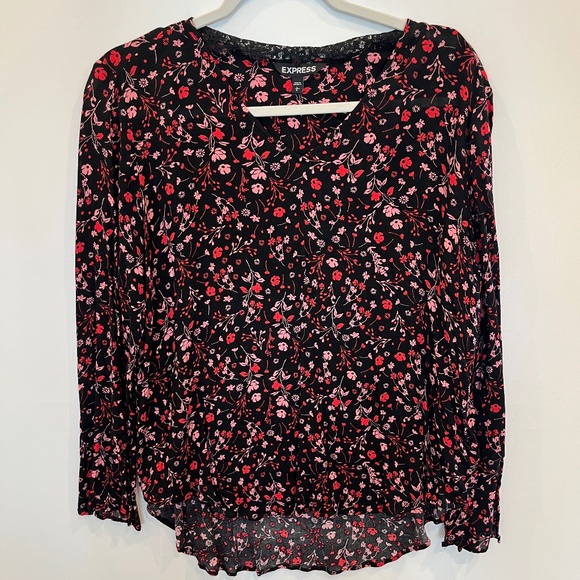 Express Floral Lightweight Breezy Blouse Size Large With Slits in Sleeve Cuffs - Picture 1 of 11